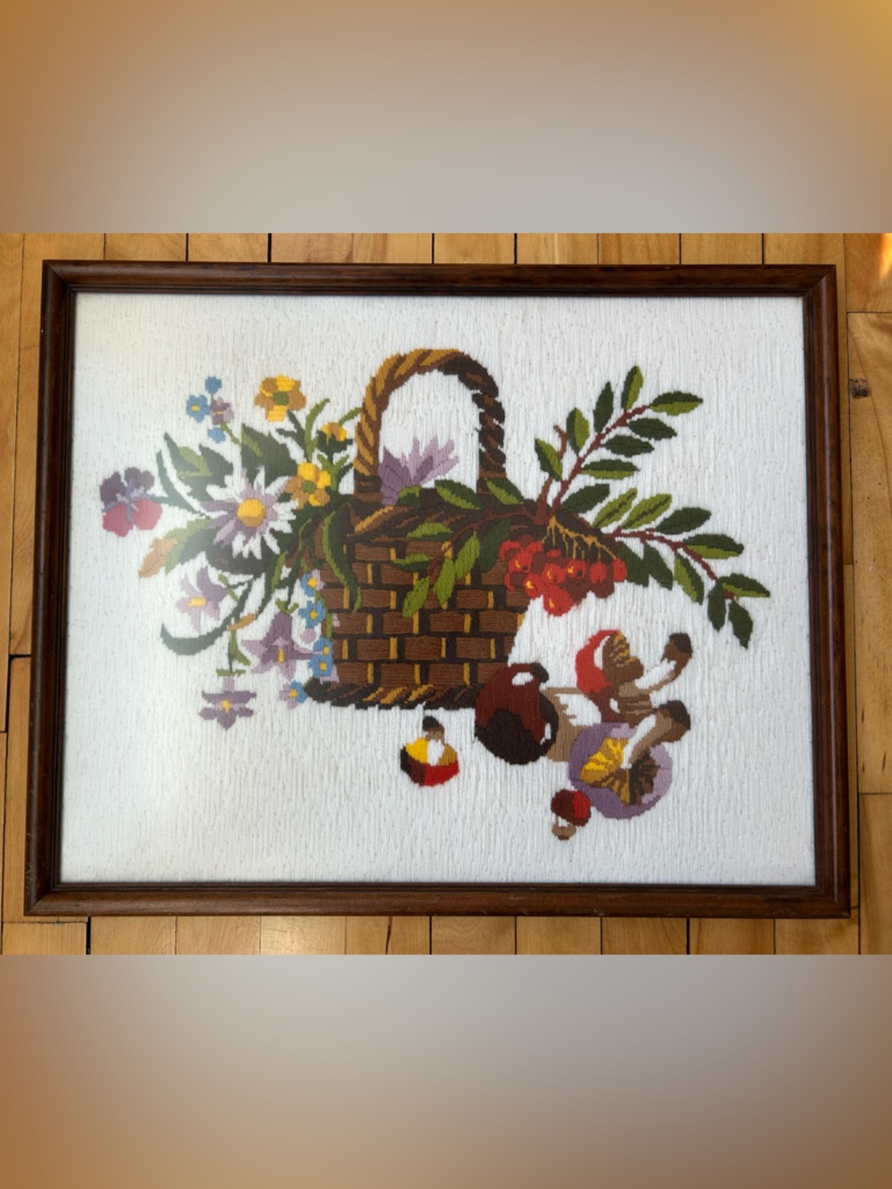 Vintage Crewel Art Framed Handmade Needlepoint Basket Flowers Gallery Wall 21x17